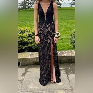 Prom Dress - Beautiful black and nude v-neck lace dress.